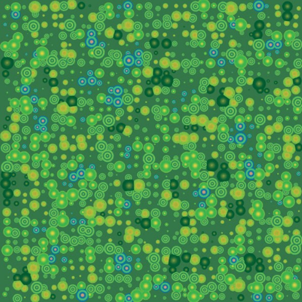 Texture abstraite des plants et d'éléments organiques pour aents : une multitude de points verts clairs et bleus au centre jaune sur un fond vert foncé.