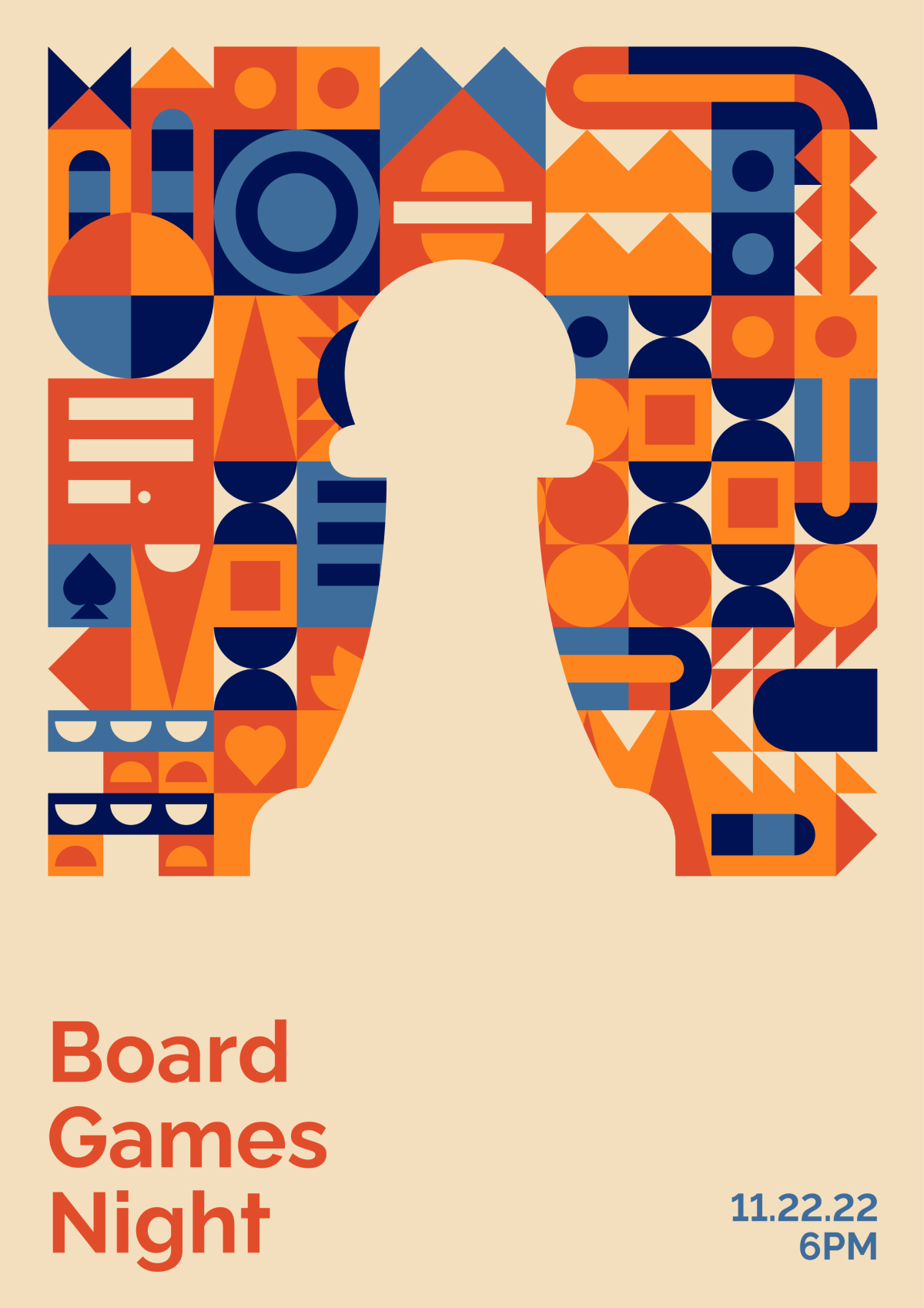 Affiche créative avec des formes géométriques abstraites. Une silhouette de pion se découpe au centre.