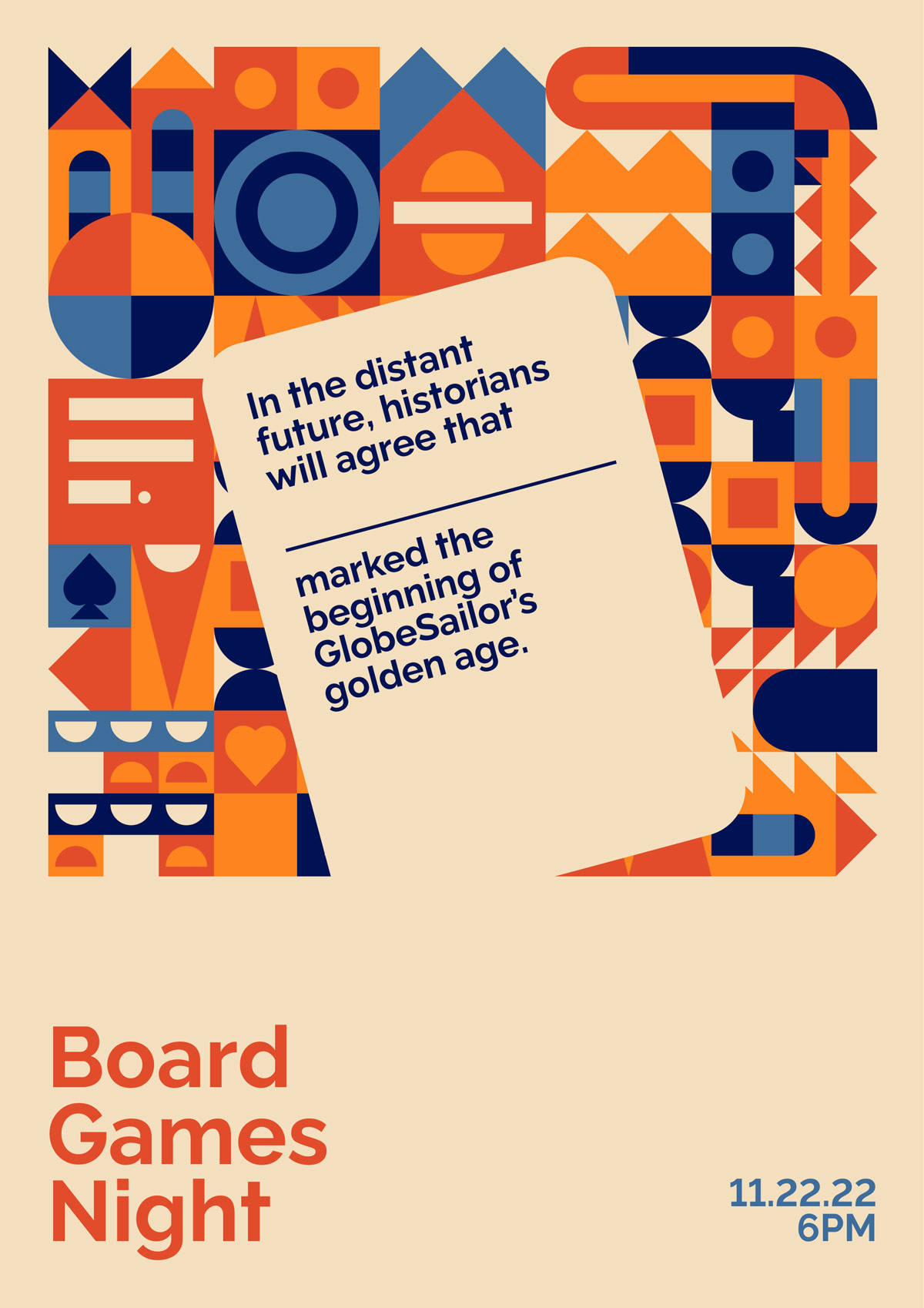 Affiche créative avec des formes géométriques abstraites. Une silhouette de carte se découpe au centre et comprend un texte à trou.