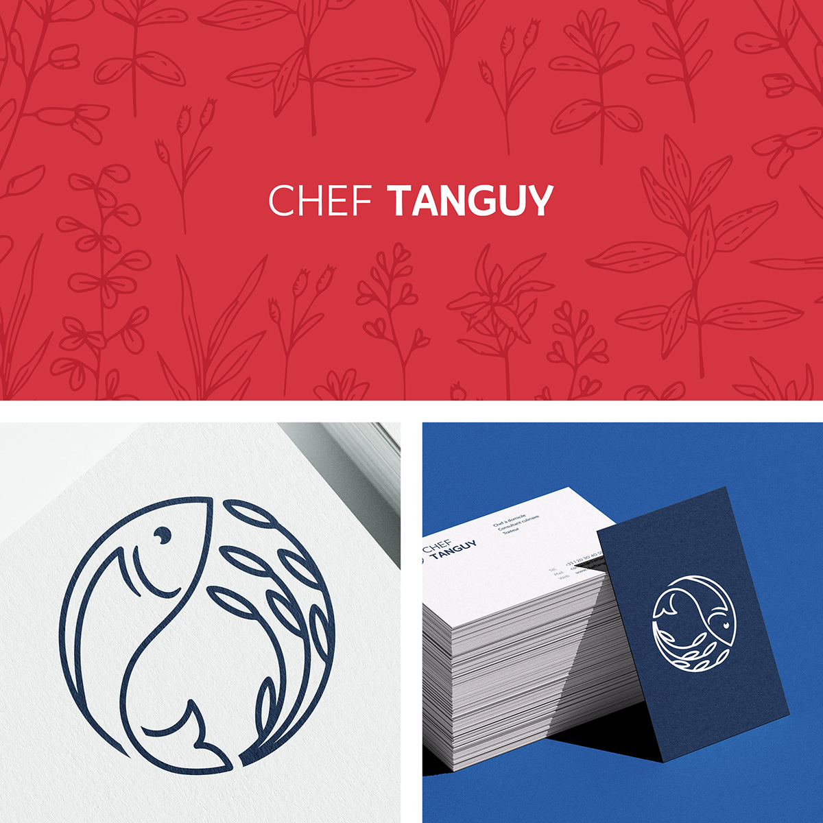 3 images : le logotype sur fond rouge avec motif, le logomark sur papier, et une carte de visite avec le logo.