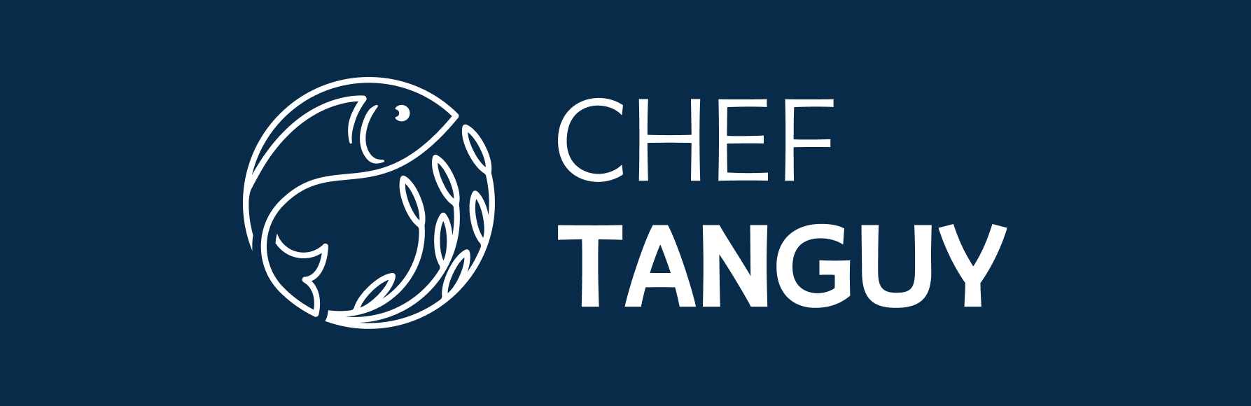 Logo pour le Chef Tanguy blanc sur fond bleu foncé.