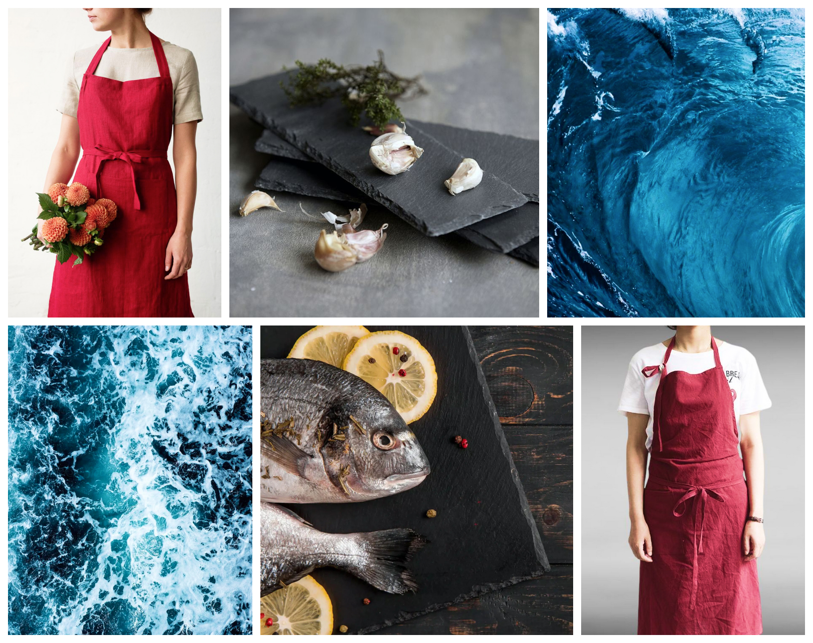 Moodboard de l'identité visuelle du chef Tanguy, avec du bleu pour l'océan, du gris pour l'ardoise, et du rouge pour son tablier.
