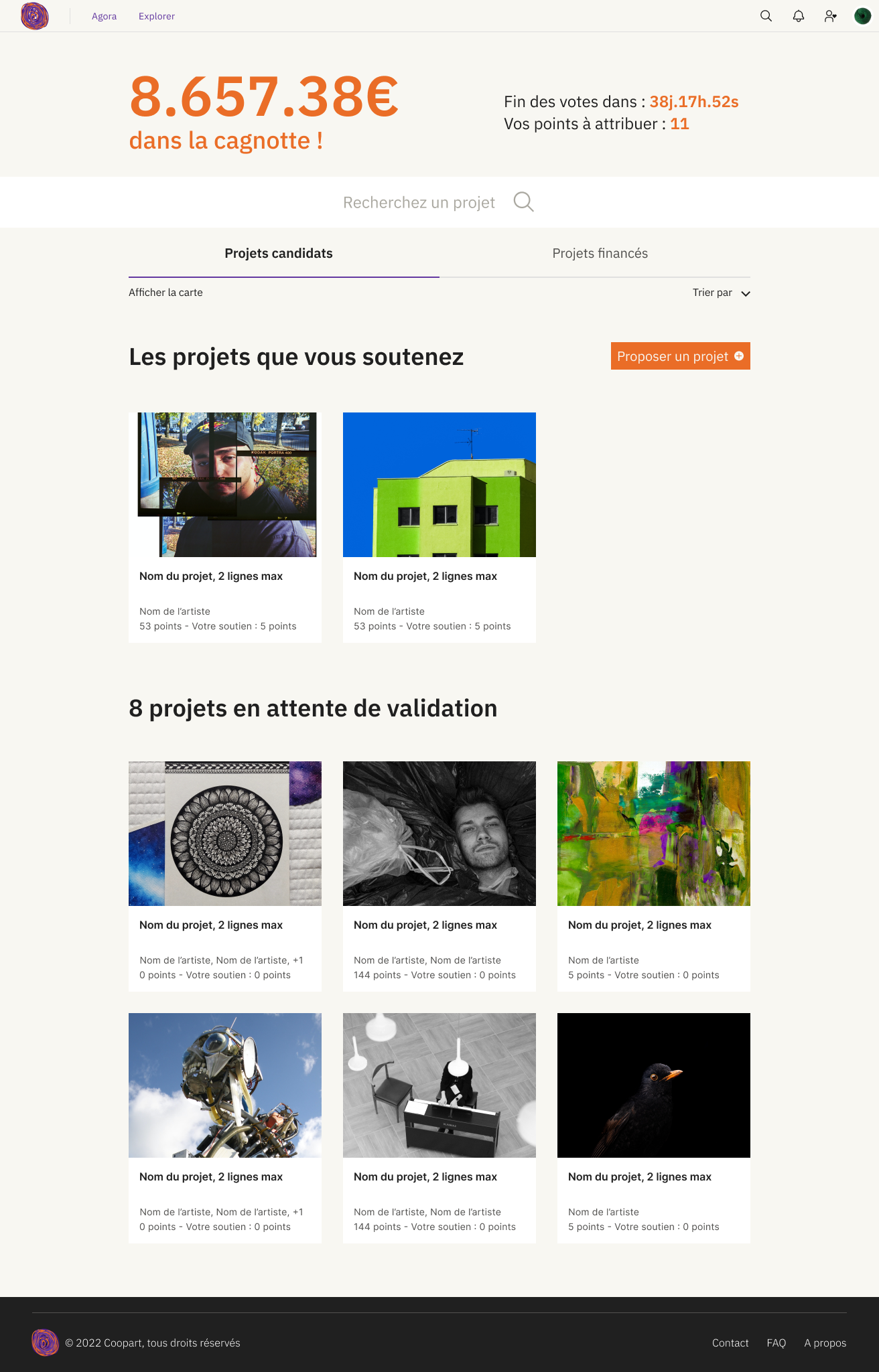 Maquette d'écran de la page principale de Coopart appelée l'Agora. On y retrouve la cagnotte globale et les projets candidats.