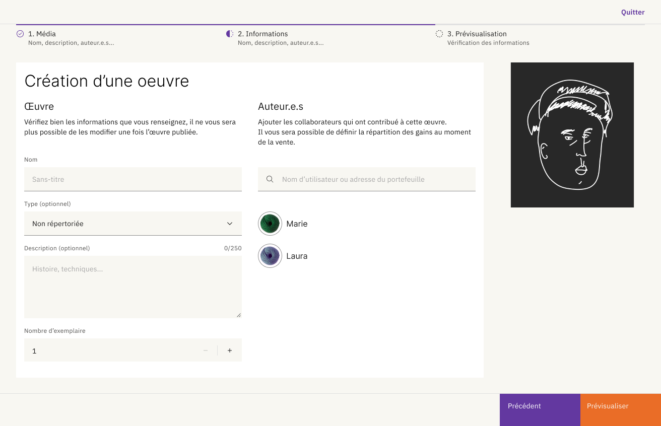 Maquette d'écran de la mise en ligne d'une oeuvre artistique via la plateforme Coopart.