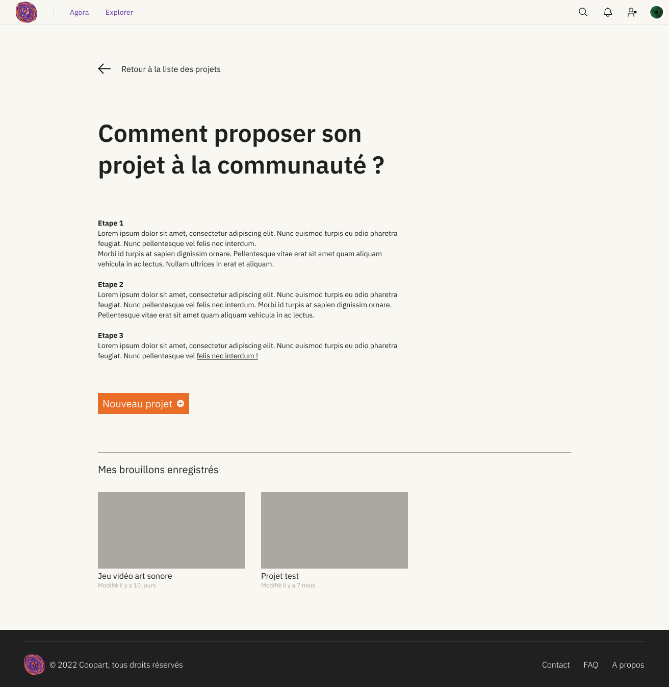 Maquette d'écran avant de proposer un nouveau projet à la communauté.