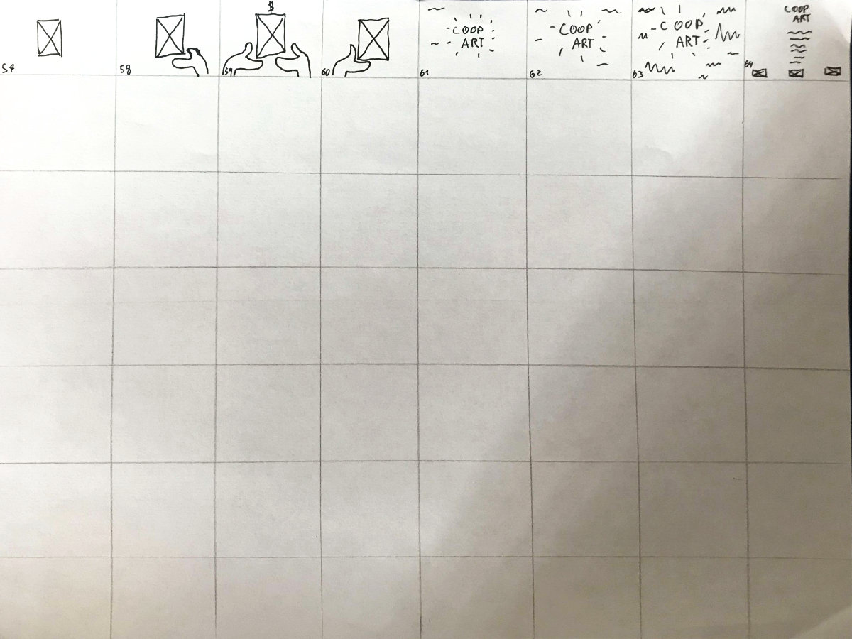 Partie 2 du storyboard amélioré. Seule la première ligne d'écrans a des schémas, les autres sont vides.