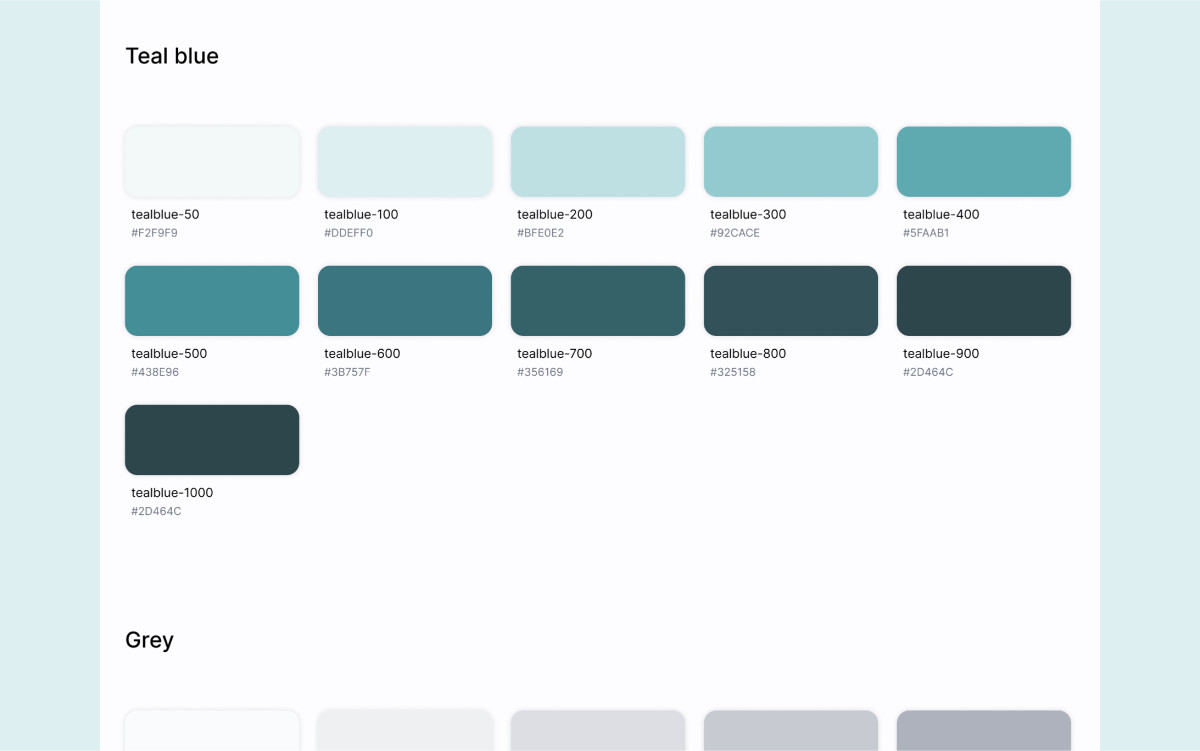 11 nuances de turquoise arrangées en ordre avec un nom et un code couleur pour chacune.