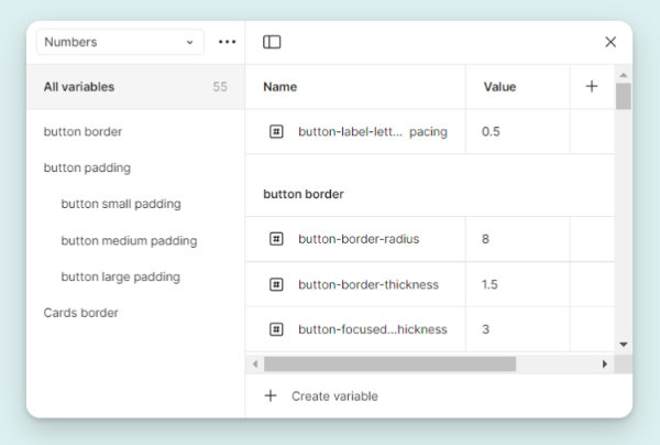 Première capture d'écran des variables enregistrés sur Figma