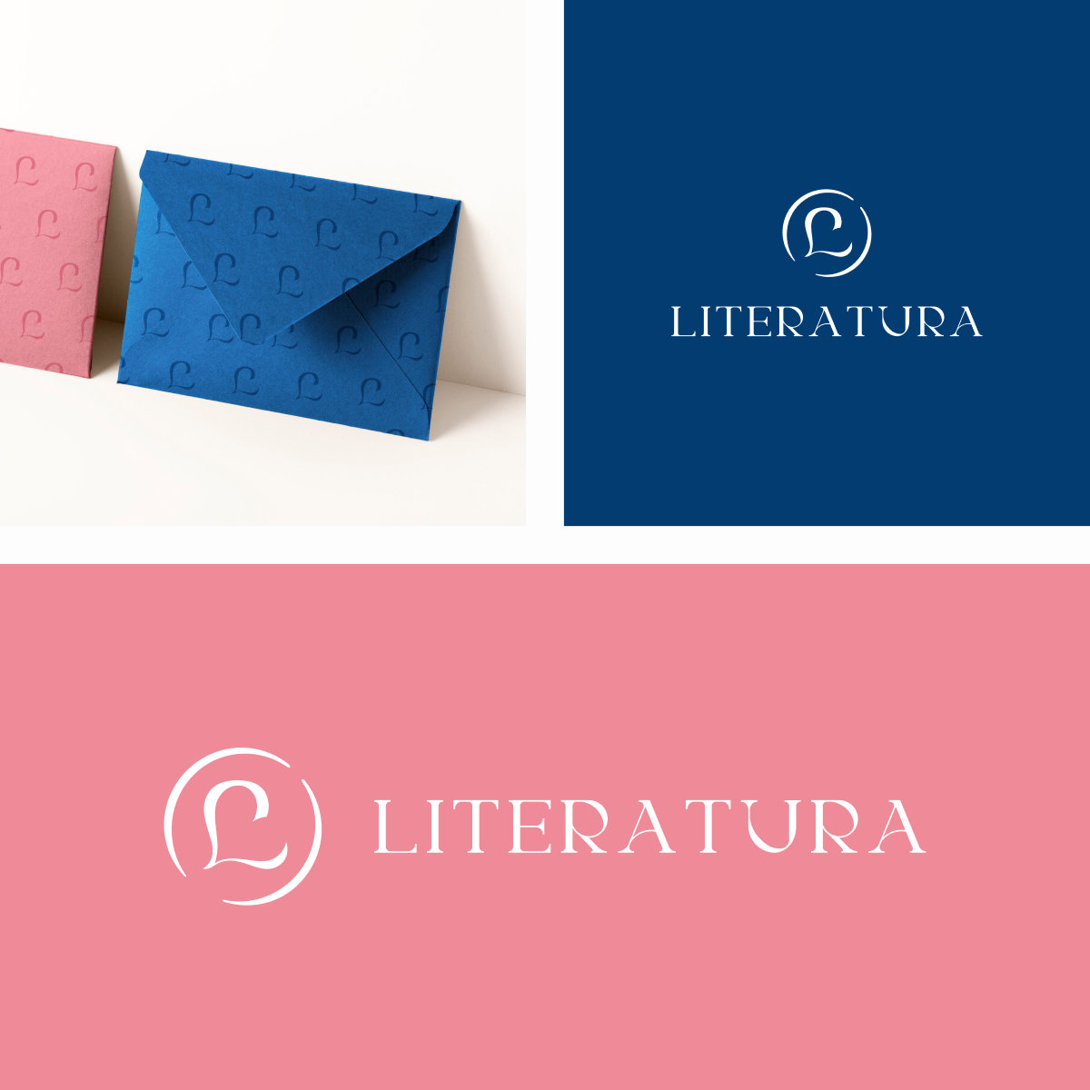 3 images : deux version du logo de Literatura sur fond bleu foncé et rose et enveloppes aux motifs de Literatura.