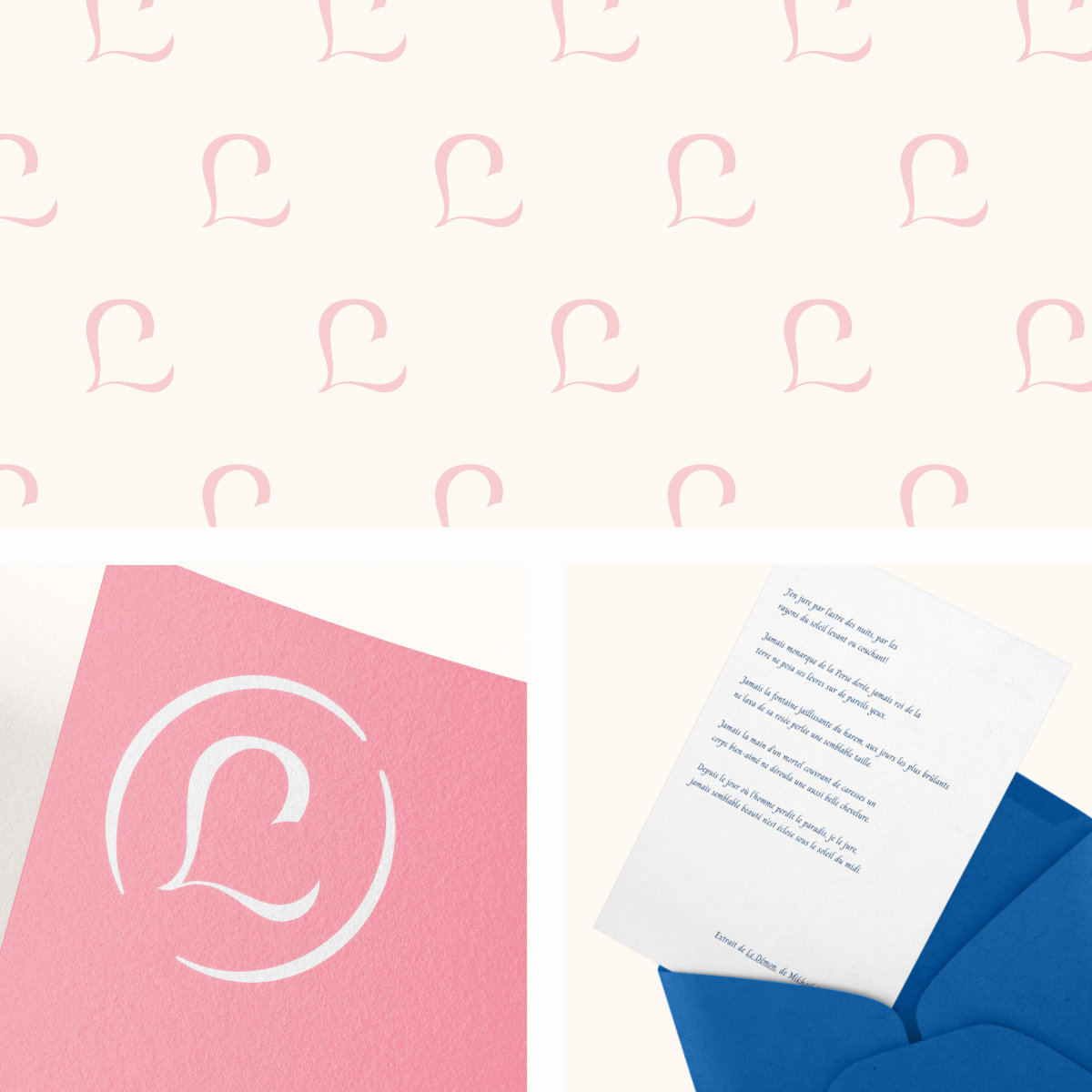 3 images : motif de Literatura, logo appliqué sur feuille rose, envelope bleue avec une lettre qui y sort.
