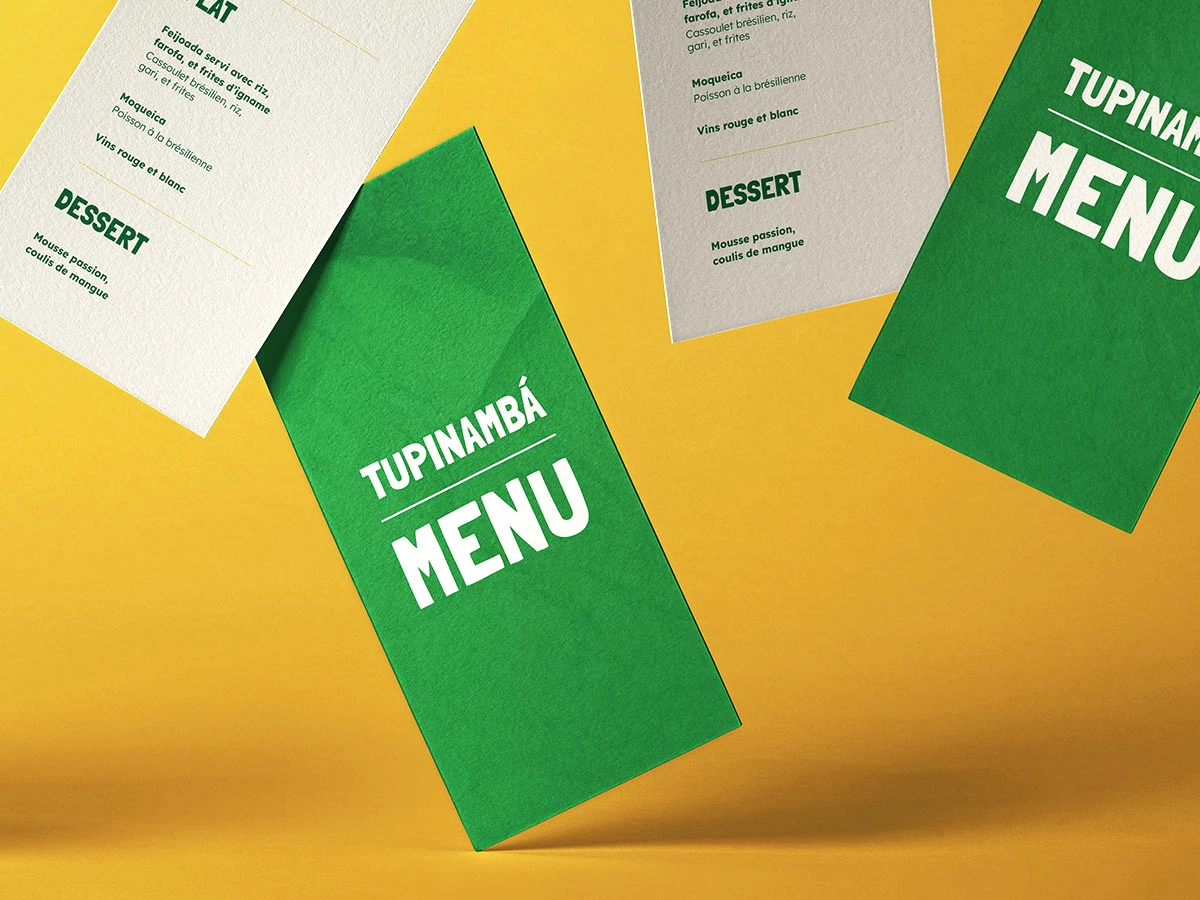 Pile de menus écrits en blanc sur fond vert avec quelques illustrations.