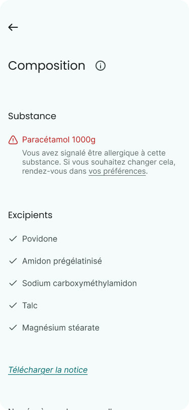 Écran d'application avec la composition d'un médicament. Une alerte sur sa substance apparaît.