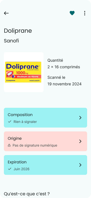 Écran d'application avec la fiche produit du Doliprane. Une alerte sur son origine apparaît.