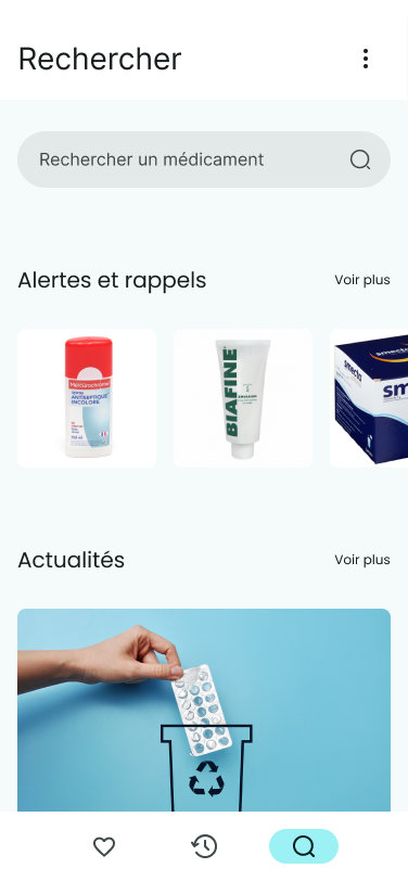 Écran d'application avec une barre de recherche, des alertes et des actualités.