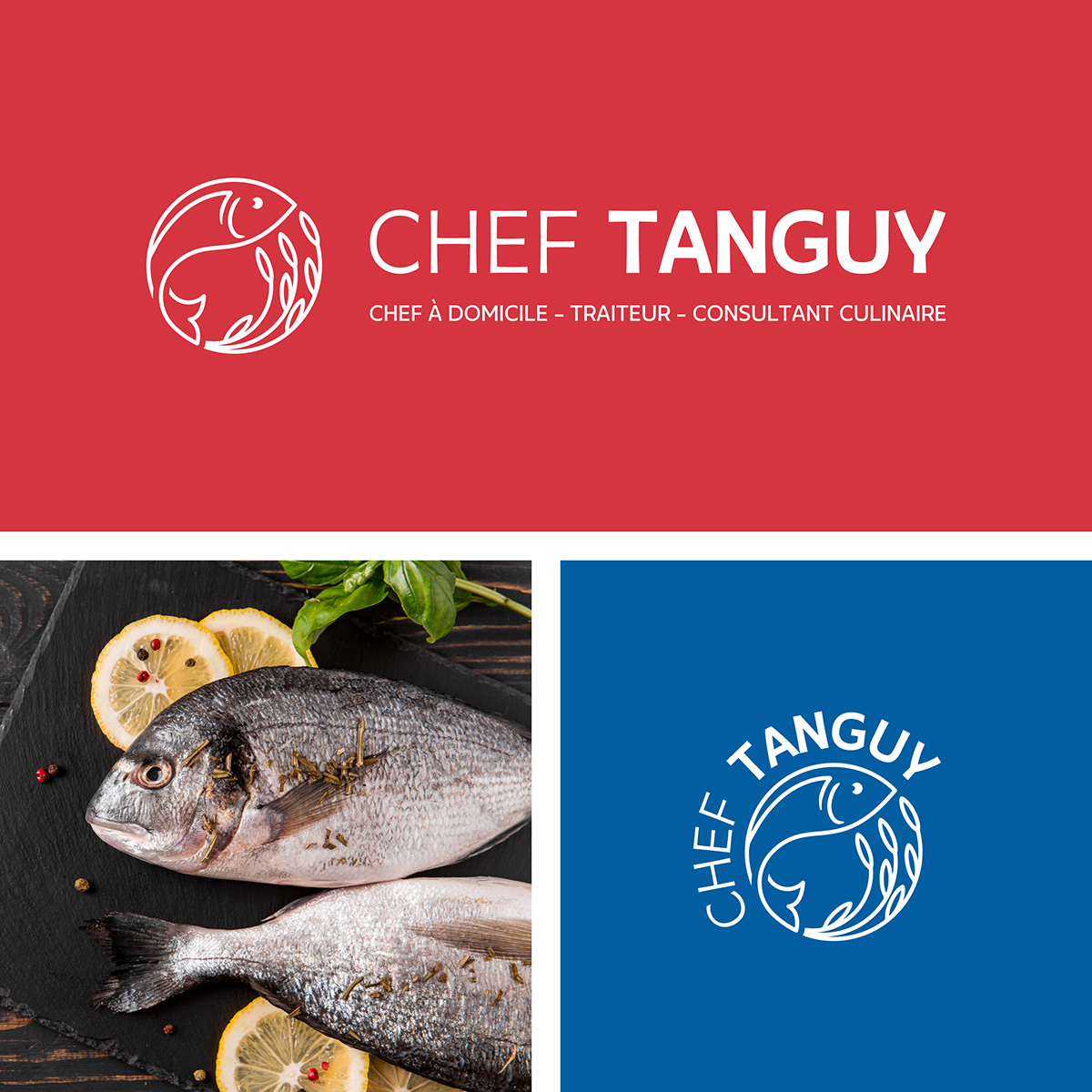 3 images : une version horizontale du logo sur fond rouge, une version ronde du logo sur fond bleu clair, et image de plat avec poisson et herbes.