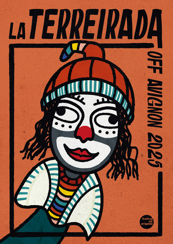 Recto : illustration d'une marionnette brésilienne peinte sur fond de couleur terracotta.