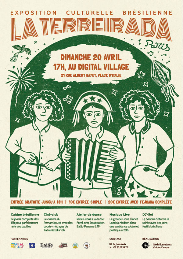 Affiche d'évènement culturel avec une illustration monochrome verte de 3 musiciens de forro.
