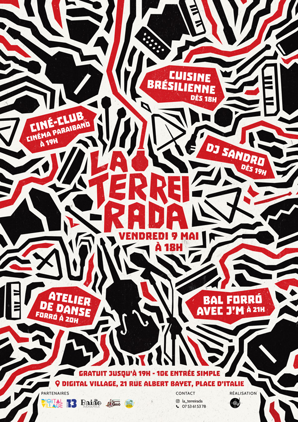 Affiche d'évènement culturel avec des silhouettes d'instruments de forro découpées en noir et rouge.