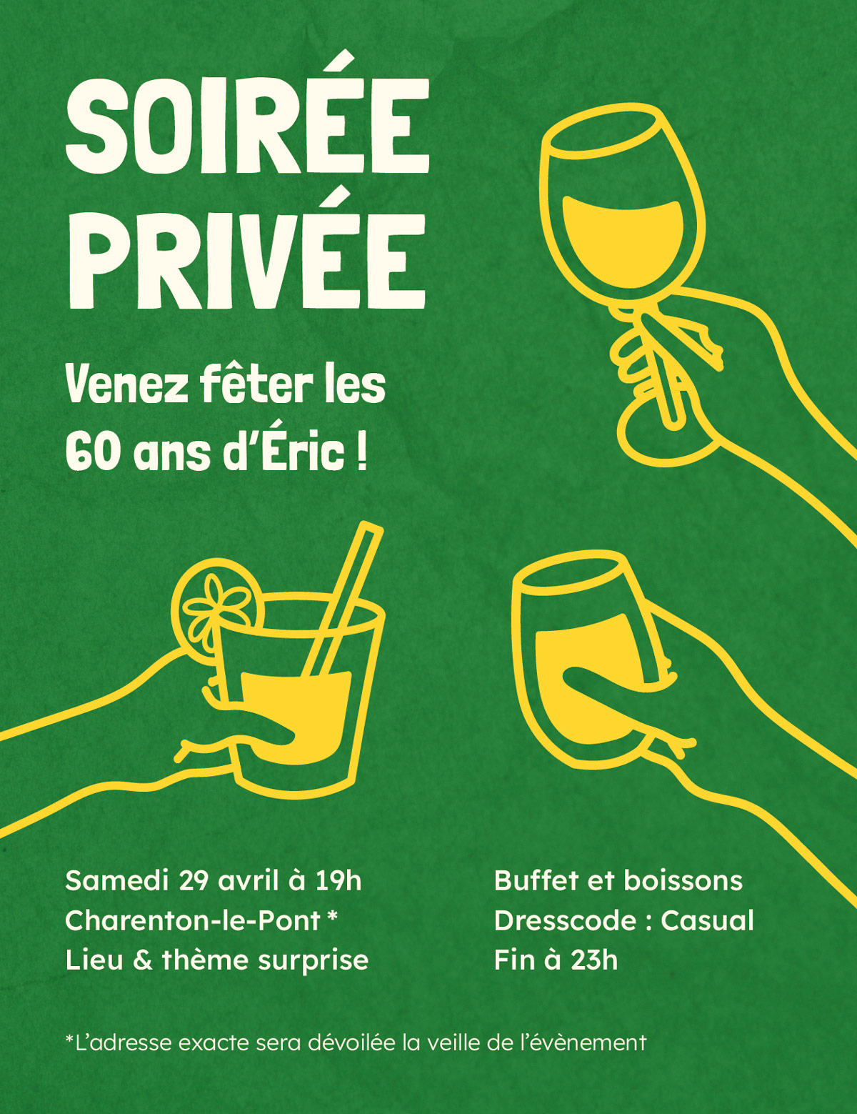 Carton d'invitation. Le titre dit invitation et le numéro de la rue est censuré.