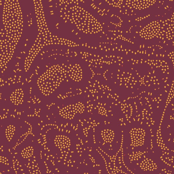 Abstract texture of burning embers: red with yellow dots forming organic shapes.