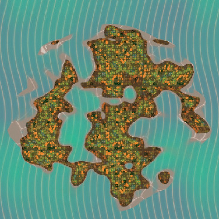 A nuanced depiction of Aents: the originally green landscape has turned yellow, rock is visible, and the water has turned yellow.