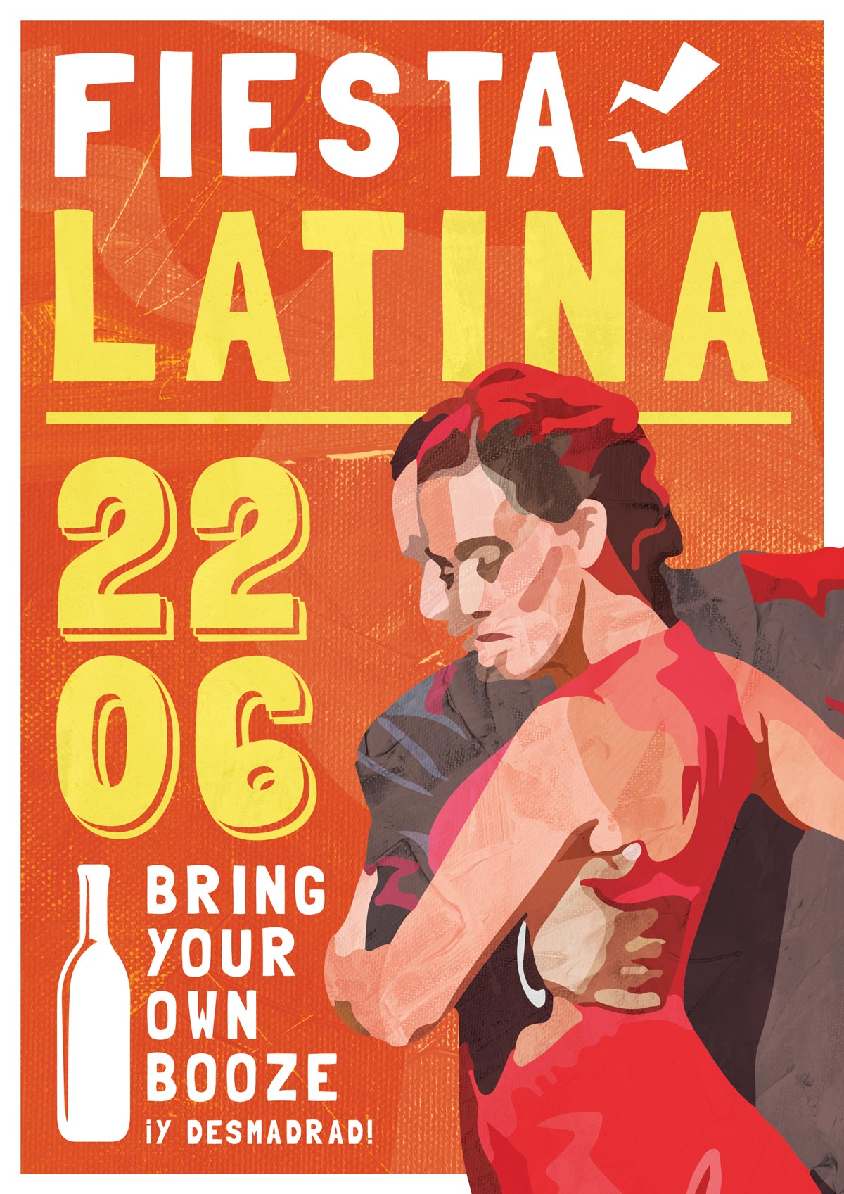 Creative poster in orange, red, and yellow. It says Fiesta Latina with an illustration of two dancers and a date.
