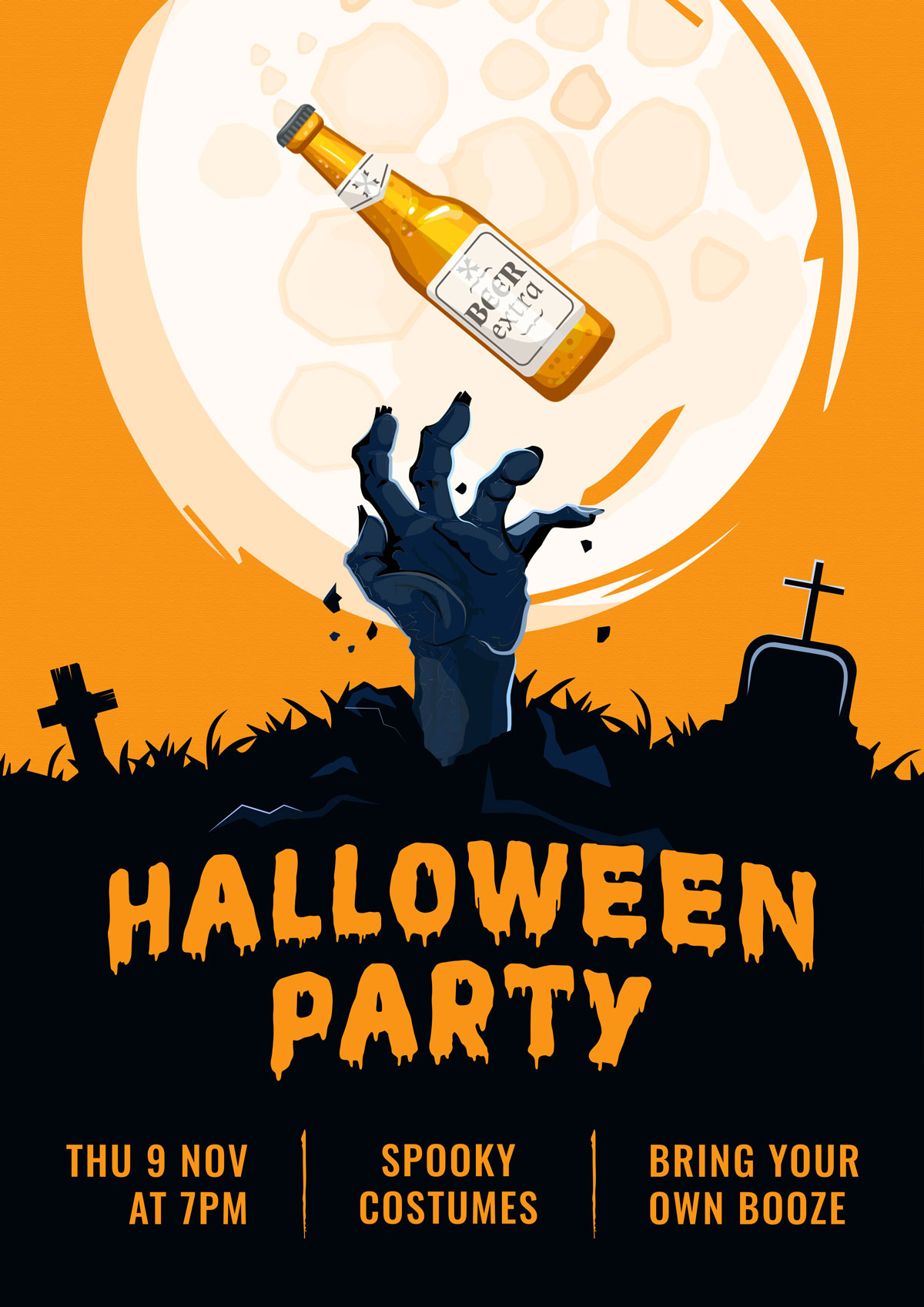 Creative poster in orange and black. A zombie hand comes out of the ground of a cemetery to grab a beer just above.