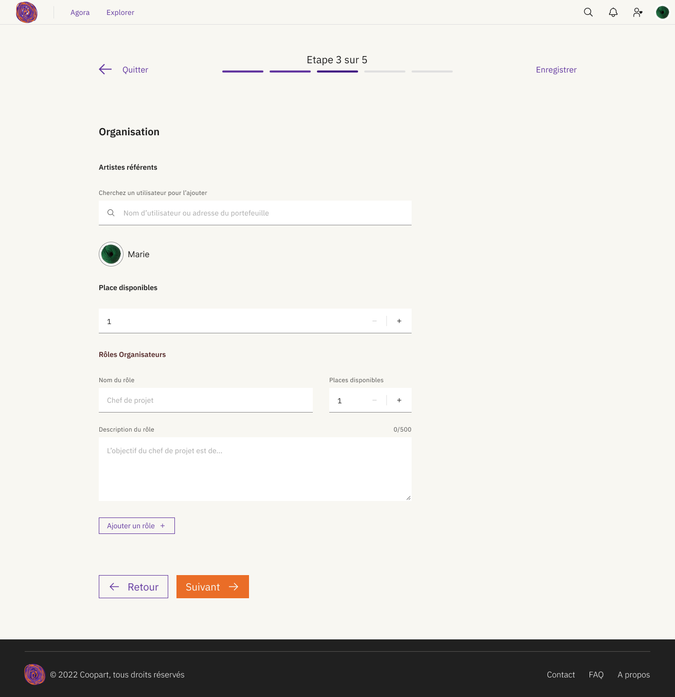 Screen mockup to propose a project to the community. The form is divided into steps.