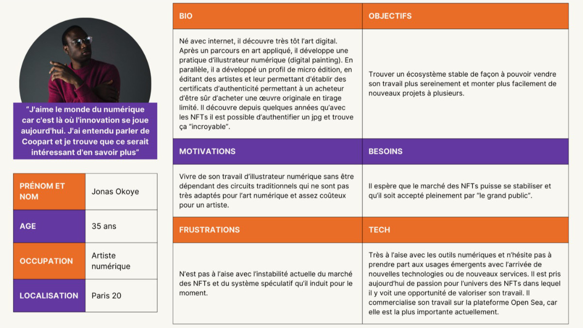 Jonas's personae, a digital artist, with characteristics such as his goals and expectations.