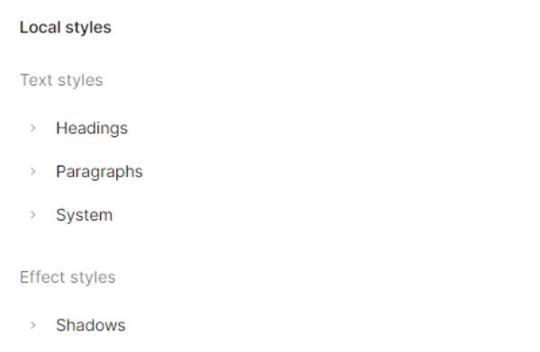 First screenshot of the styles saved on Figma