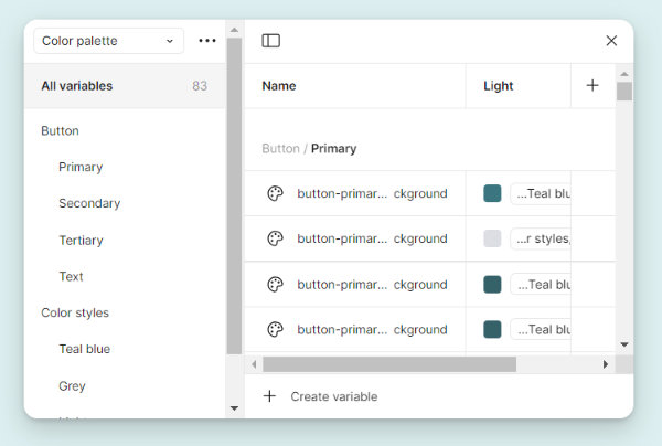 Second screenshot of the variables saved on Figma