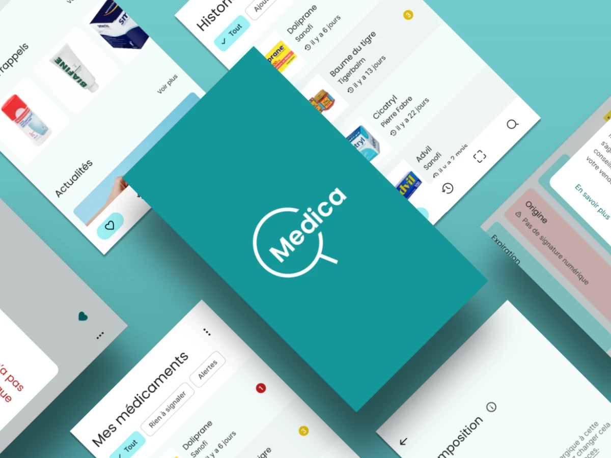 Écrans d'interfaces mobiles. L'écran du milieu montre le logo de Medica.