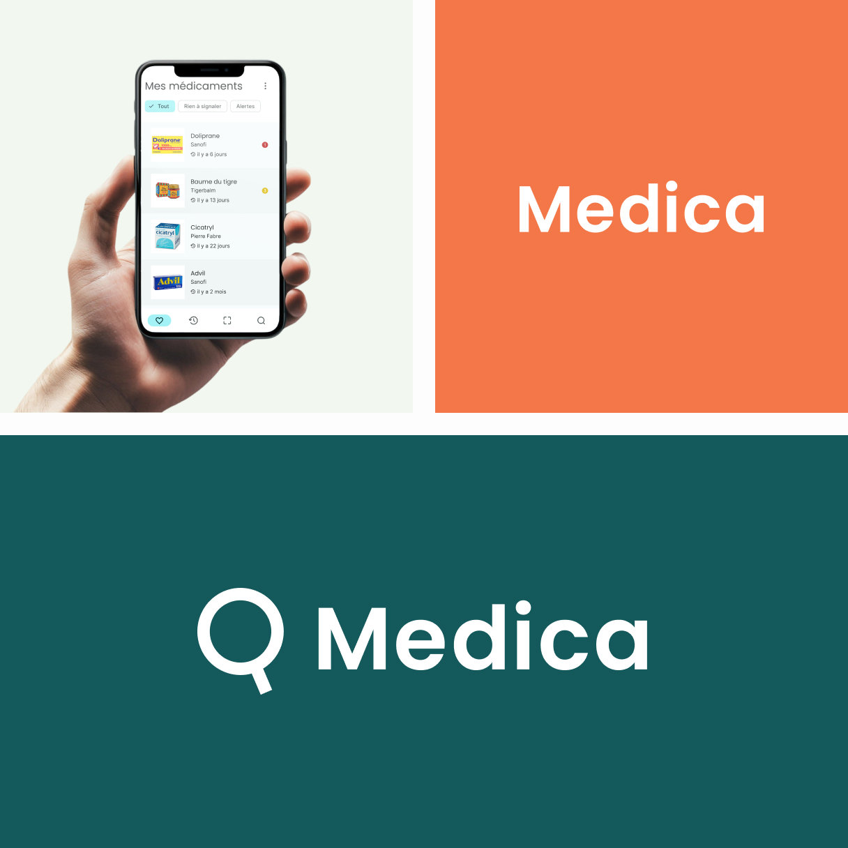 3 images: two variants of the medica logo and a phone displaying the Medica application.