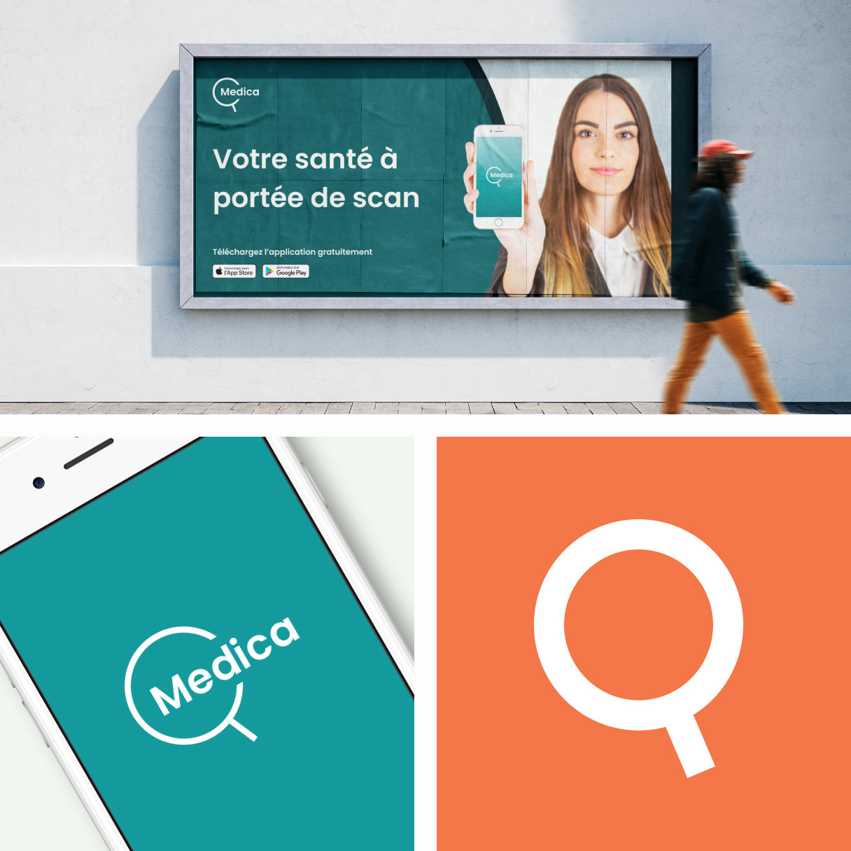 3 images: Medica logomark, telephone with logo on green background, fictitious street banner.