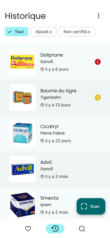Application screen with a list of drugs and alert notifications for some.
