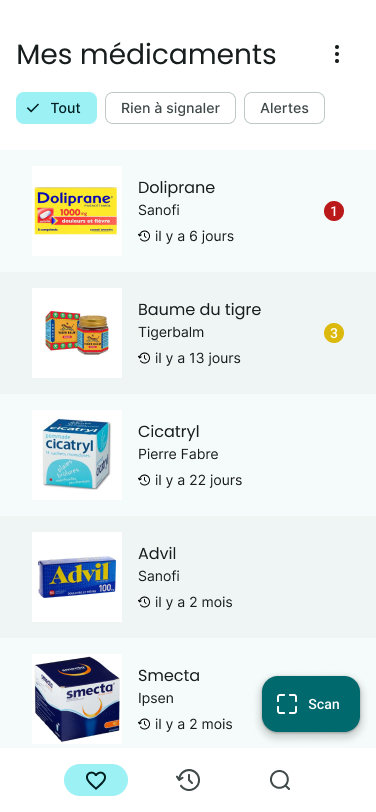 Application screen with a filterable list of drugs.