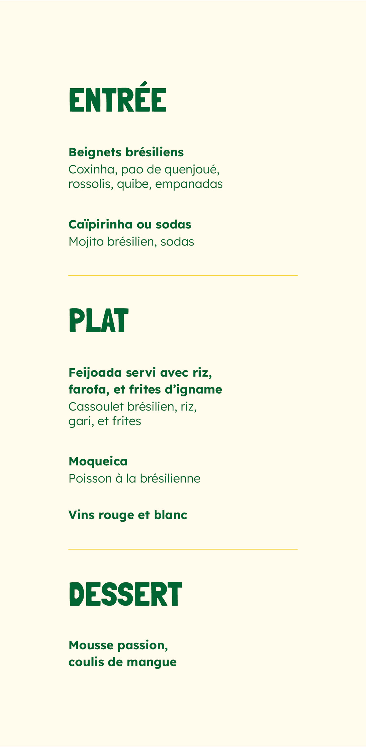 Green menu on white background, divided into starter, main course and dessert.